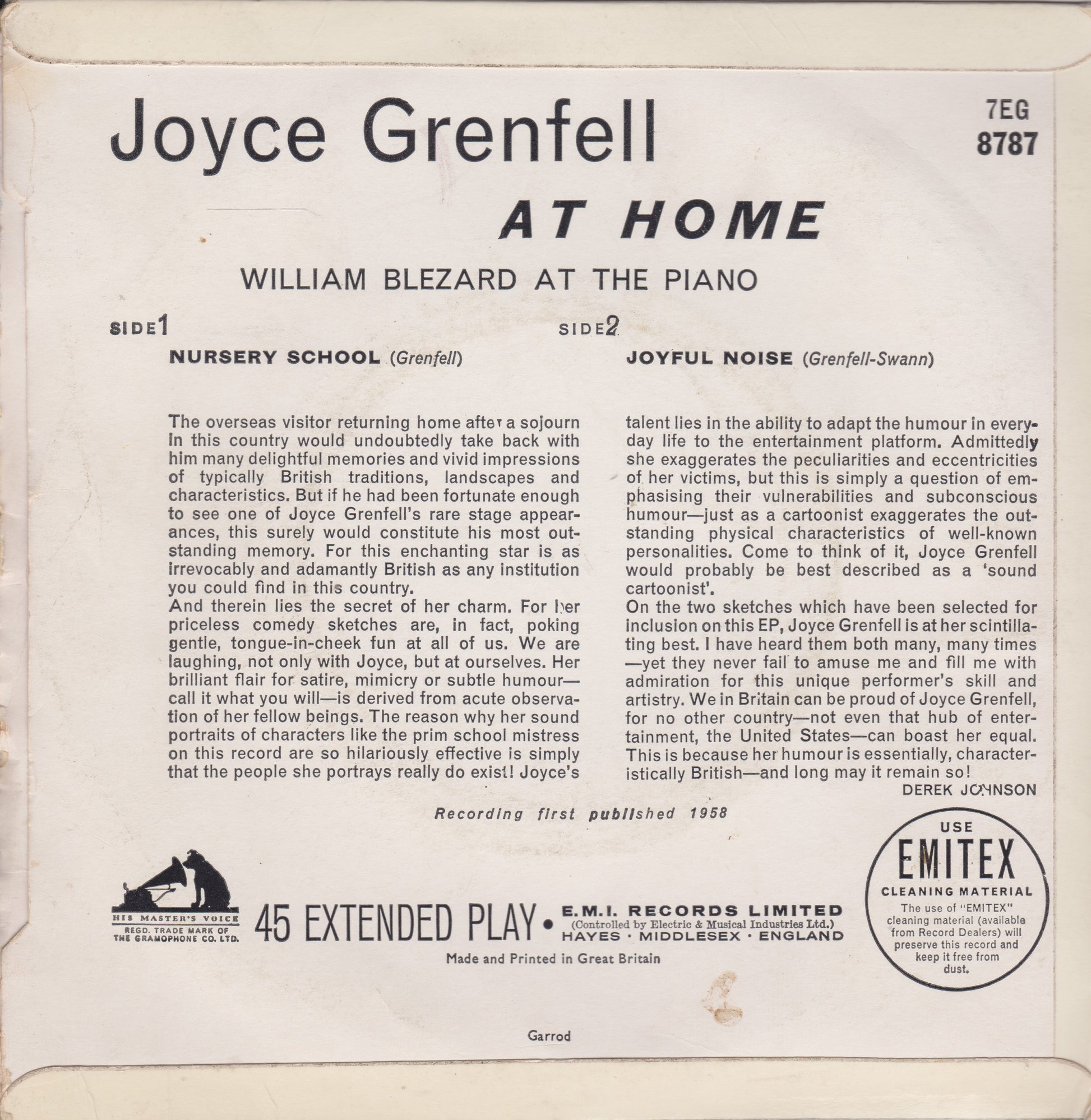 Back cover of a vinyl record featuring text about Joyce Grenfell and William Blezard at the Piano.