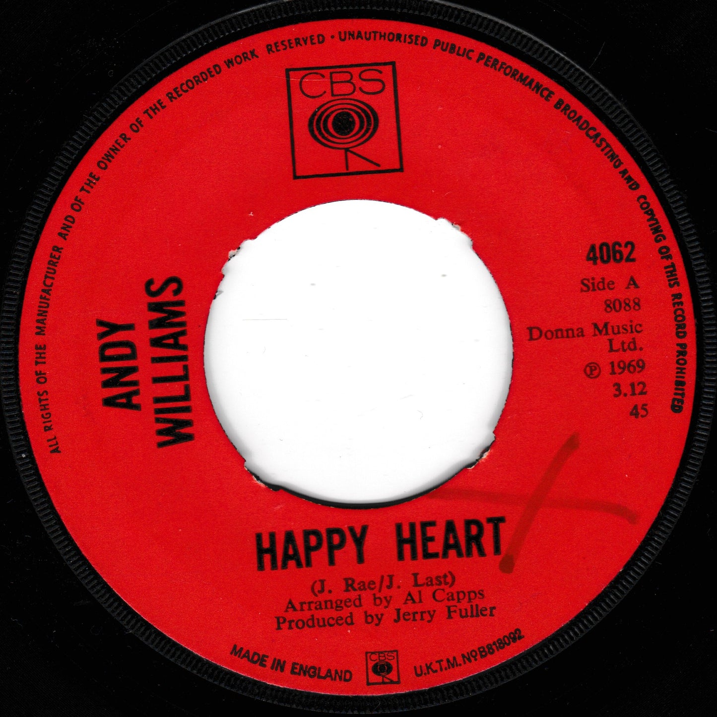 Andy Williams ‎– Happy Heart (CBS 1969) 7" vinyl single G+/-