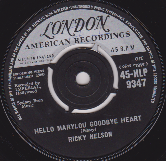 Ricky Nelson – Hello Marylou Goodbye Heart (London 1961) 7" vinyl single VG/-