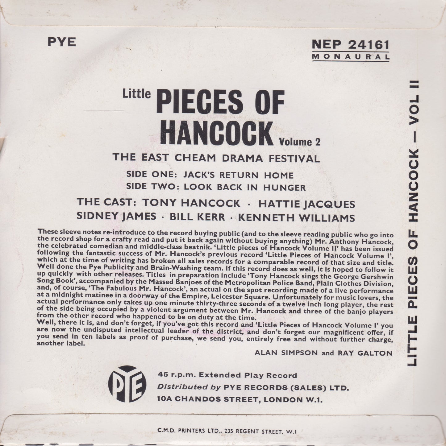 Tony Hancock ‎– Little Pieces Of Hancock Volume 2 (Pye 1960) 7" vinyl P/S EP VG/VG