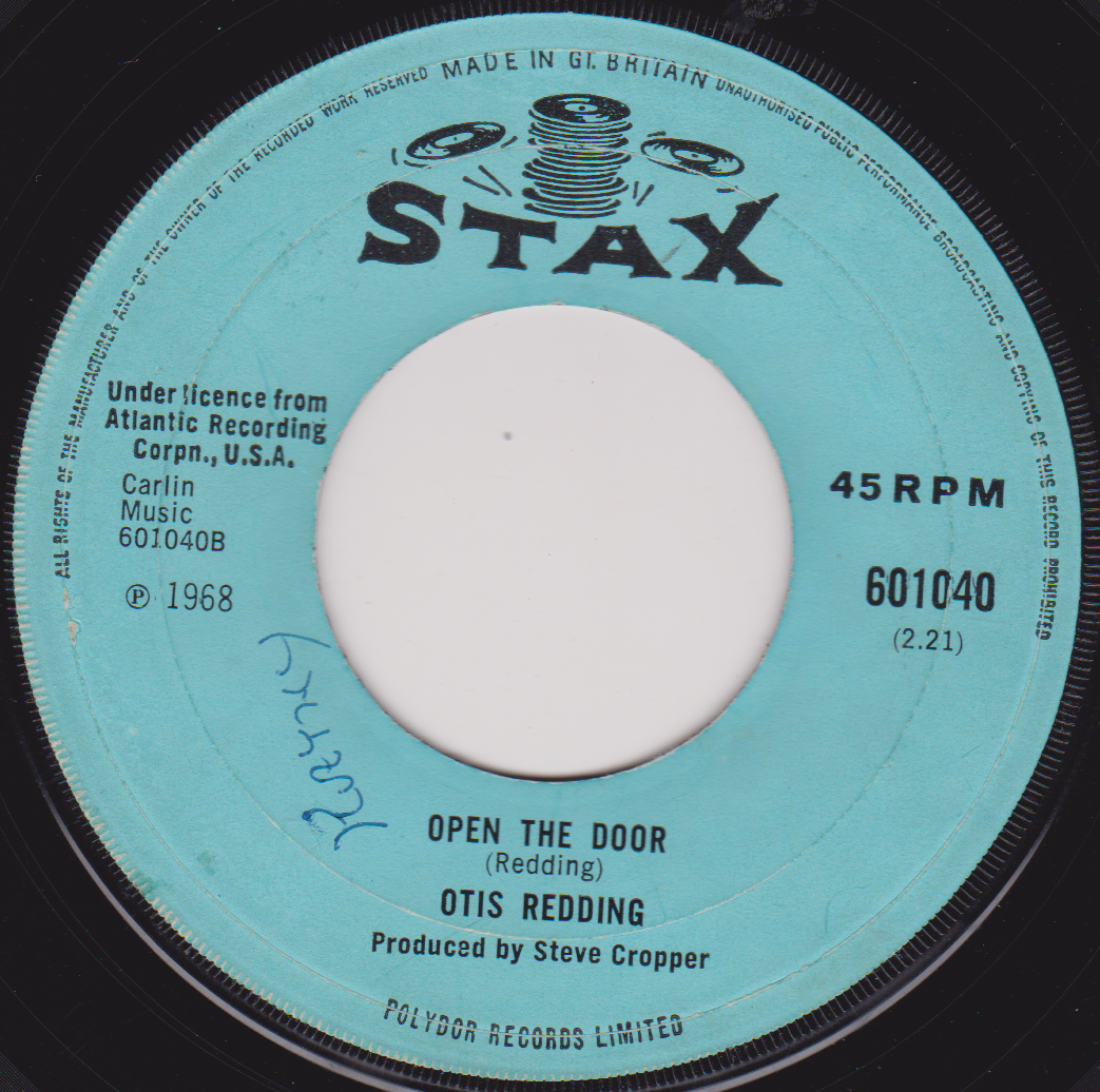 Stax record label with 'Open The Door' by Otis Redding on a blue background