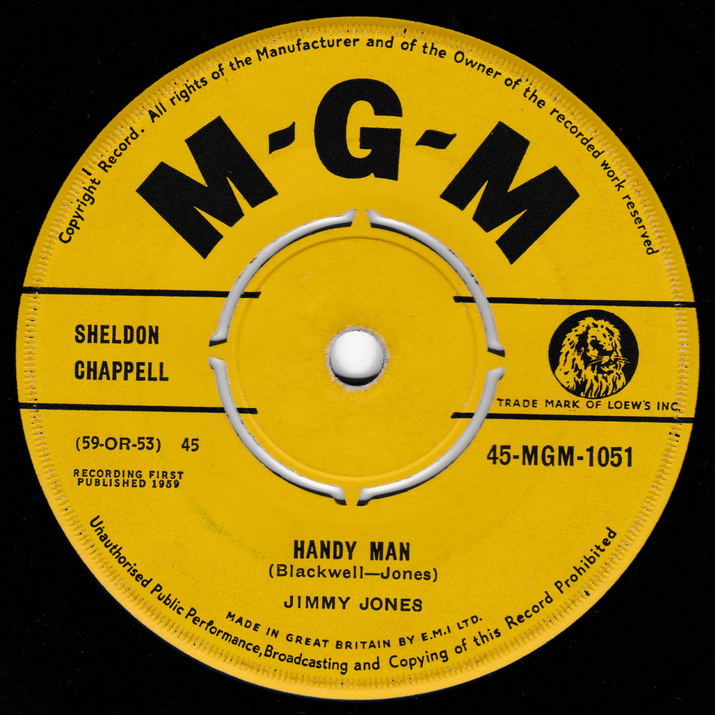 Yellow record label with black text and MGM logo on a black background