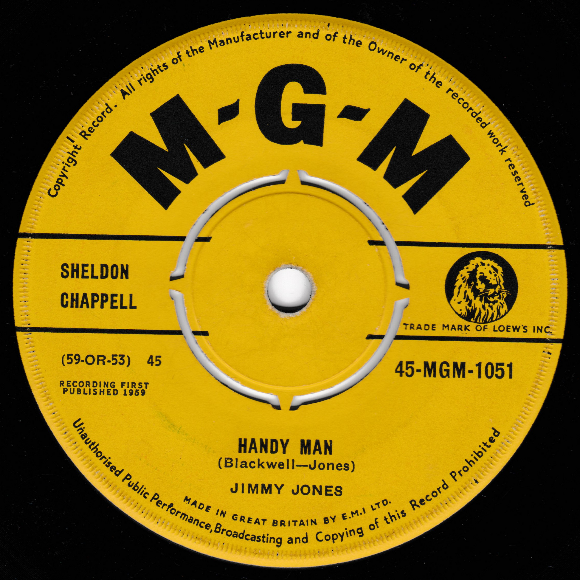 Yellow record label with black text and MGM logo on a black background