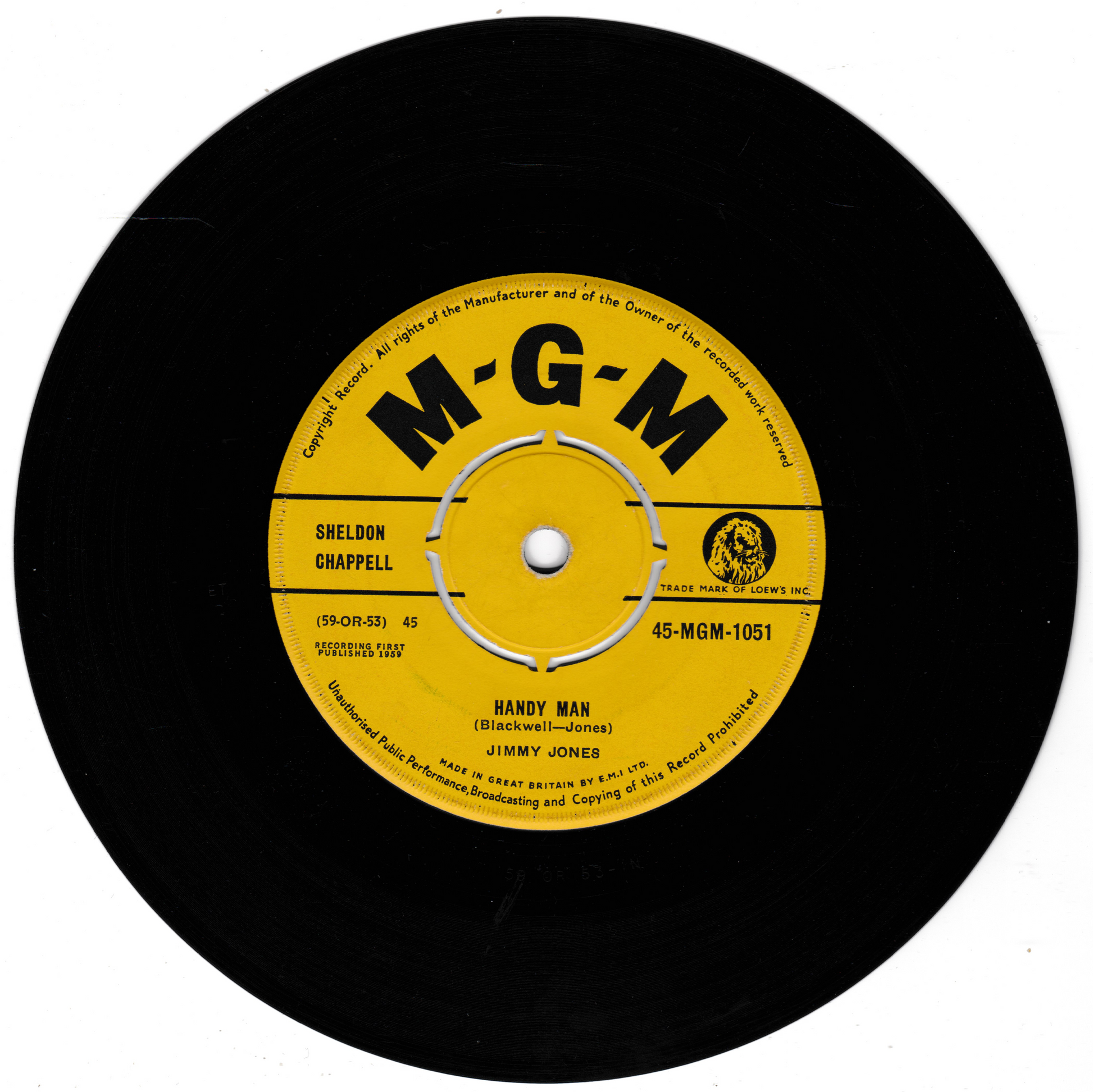 Vinyl record with yellow label featuring 'M-G-M' and song details