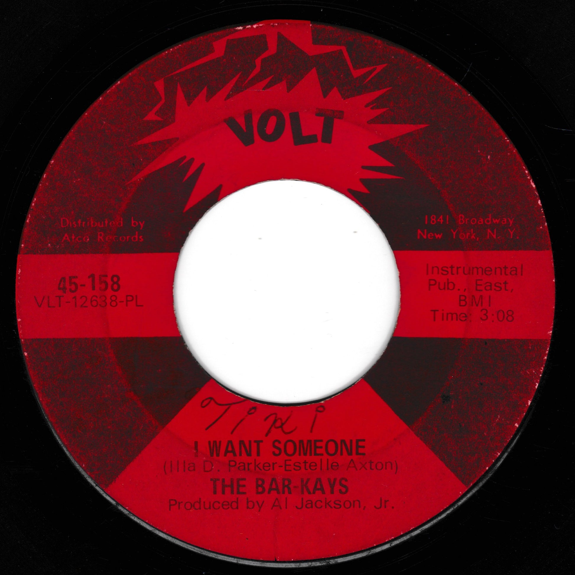 Vinyl record label with 'Volt' branding and text about a song by The Bar Kays.