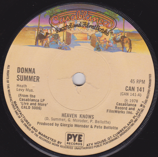 Record label from Donna Summer's 'Heaven Knows' featuring Casablanca Record and FilmWorks branding.