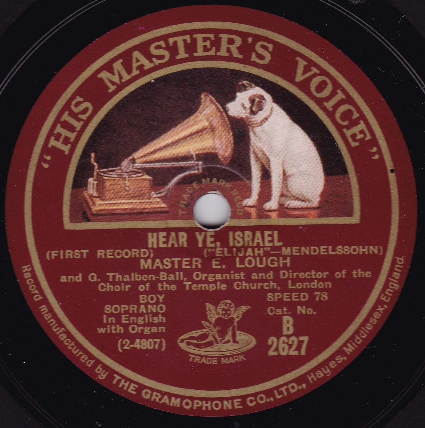 Master E. Lough And G. Thalben-Ball ‎– Hear Ye, Israel (HMV 1928) 10" shellac VG