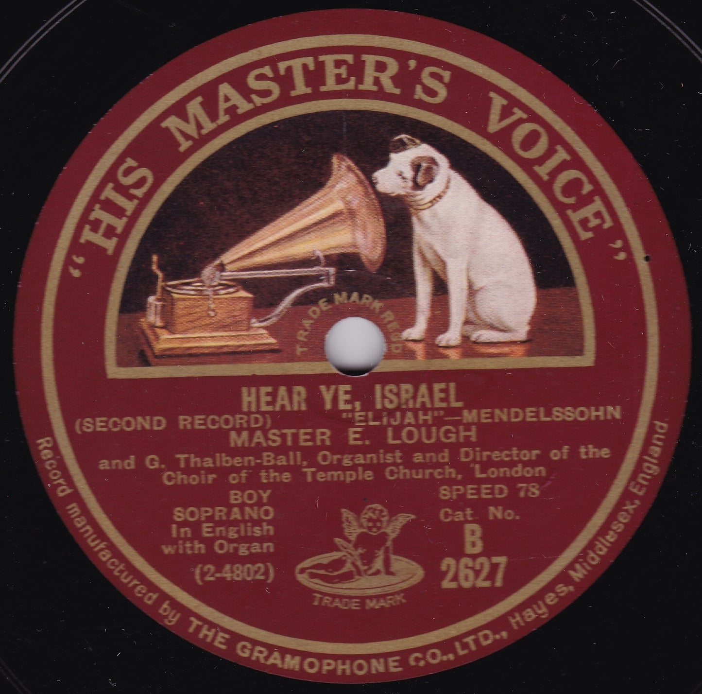 Master E. Lough And G. Thalben-Ball ‎– Hear Ye, Israel (HMV 1928) 10" shellac VG