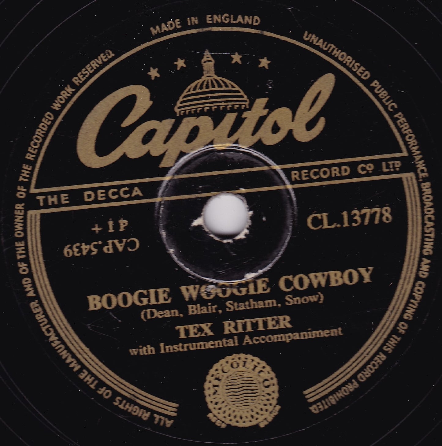 Tex Ritter ‎– High Noon / Boogie Woogie Cowboy (Capitol) 10" shellac VG/-