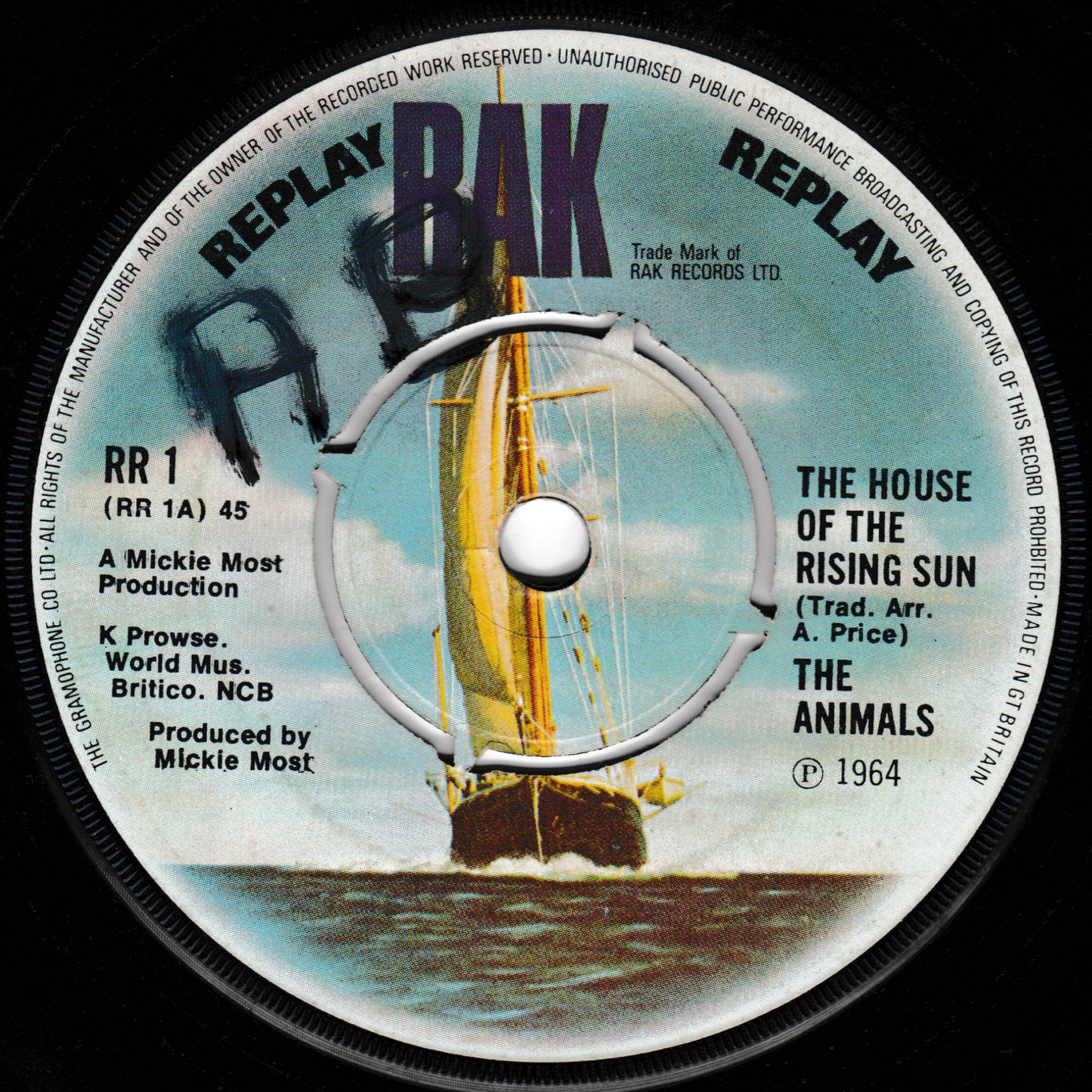 Record label with ship illustration and text on a black background