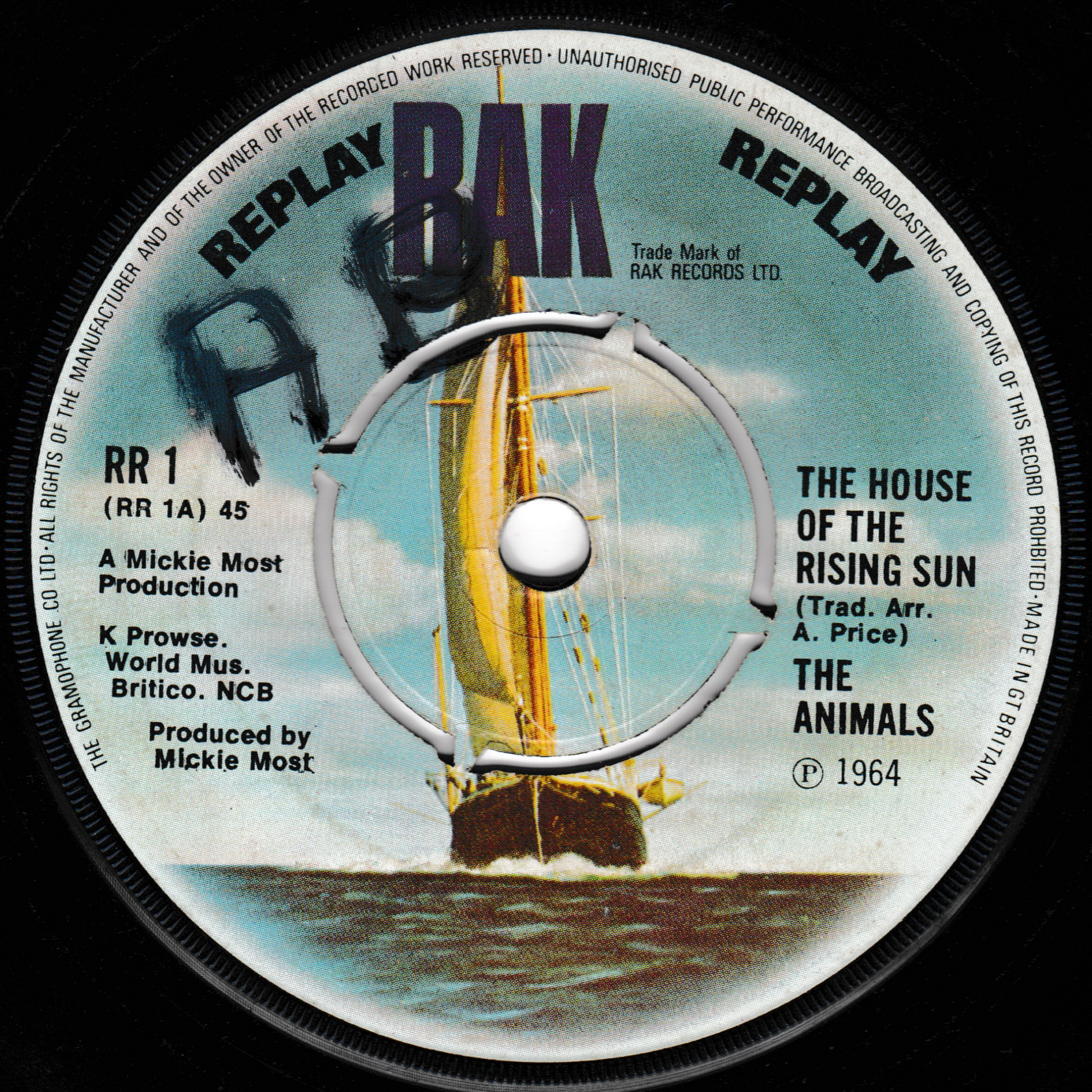 Record label with ship illustration and text on a black background