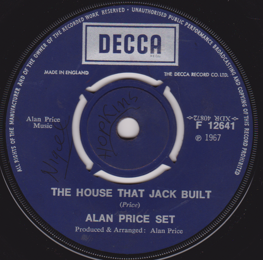 Record label for 'The House That Jack Built' by Alan Price Set with Decca logo.