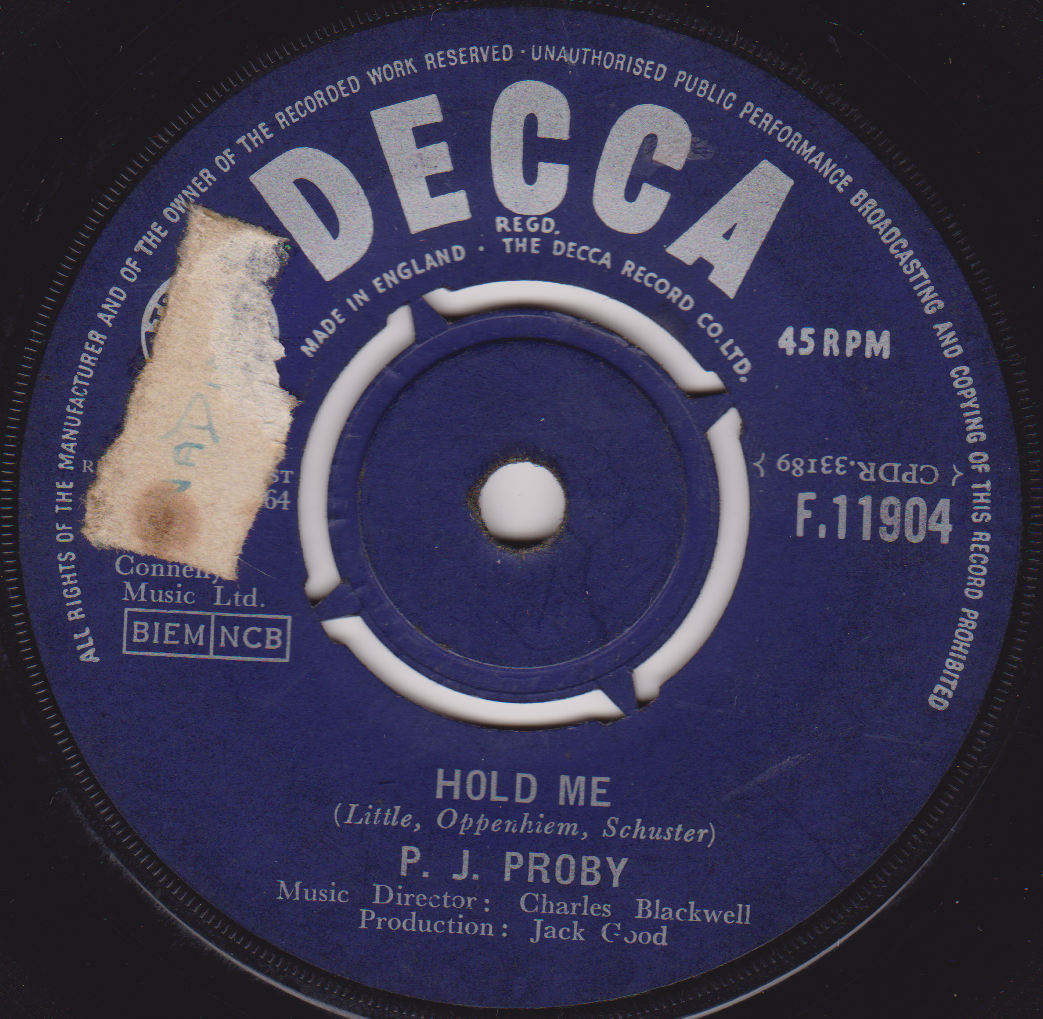 Decca record label with 'Hold Me' by P. J. Proby on a black background