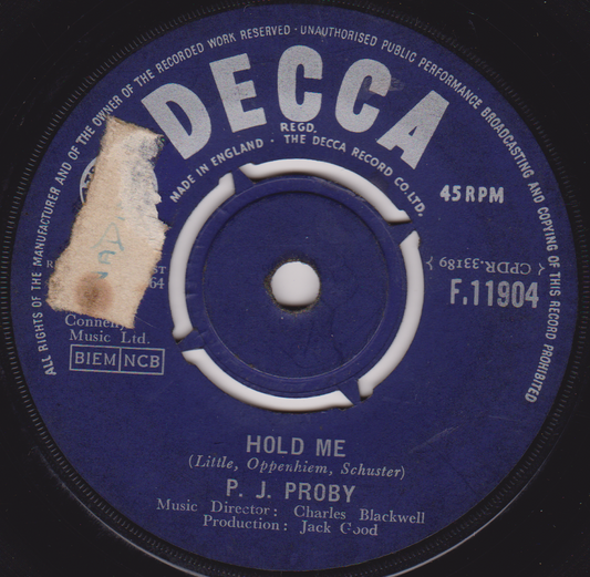 Decca record label with 'Hold Me' by P. J. Proby on a black background