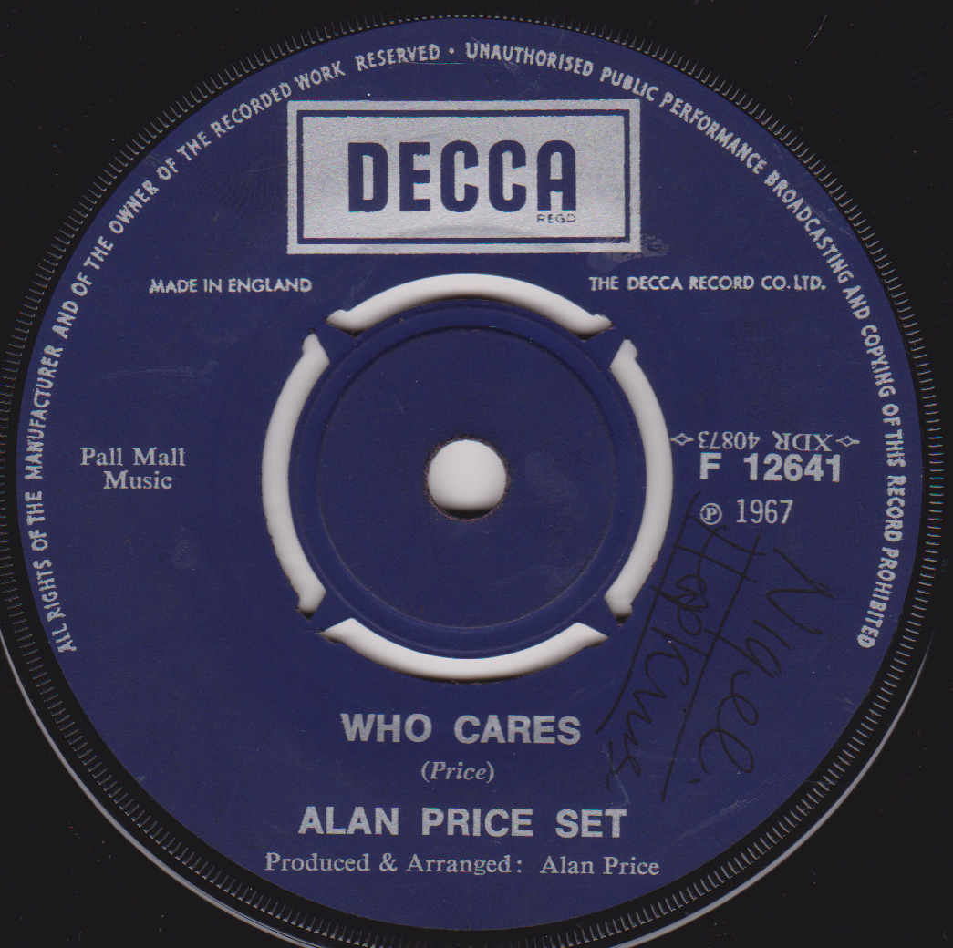 Decca record label for 'Who Cares' by Alan Price Set with blue and white design.