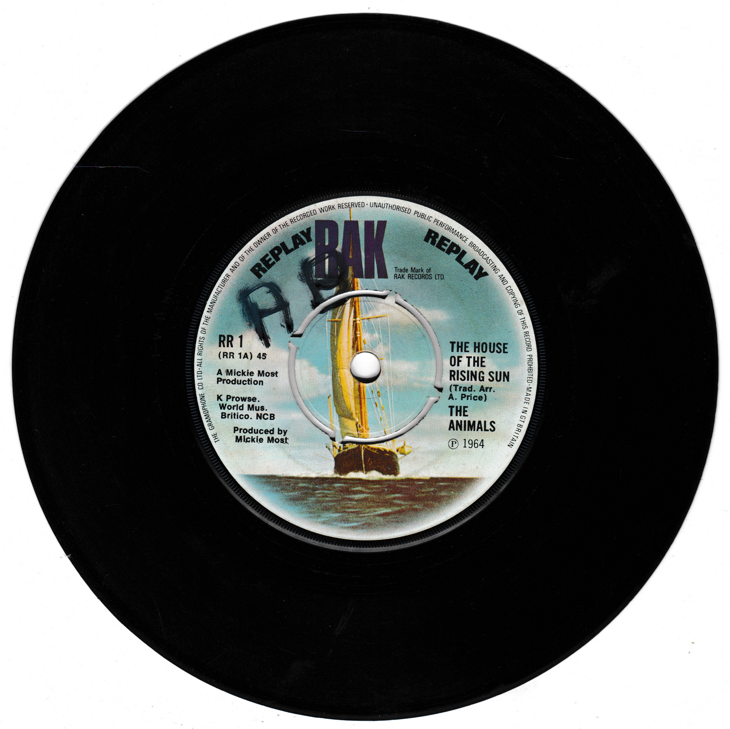 Vinyl record with a sailboat illustration on the label