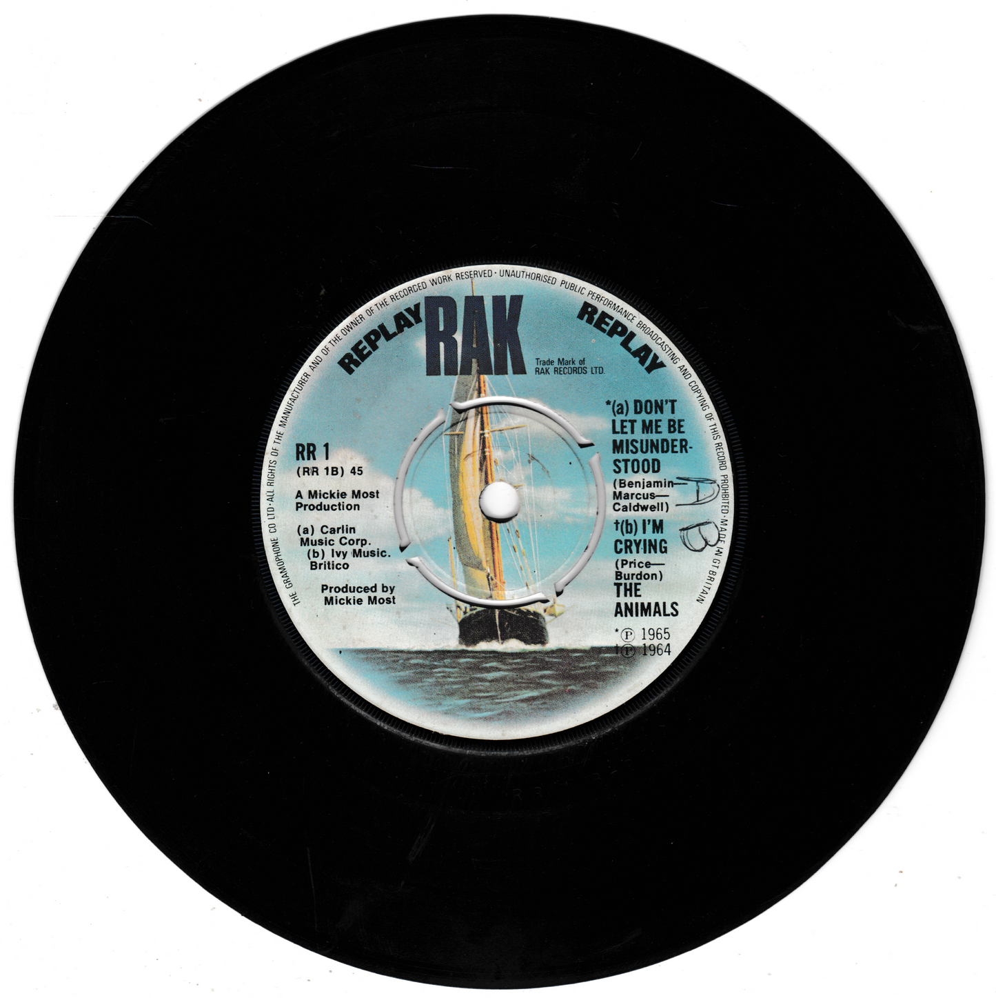 Vinyl record with a blue label featuring text and graphics on a white background