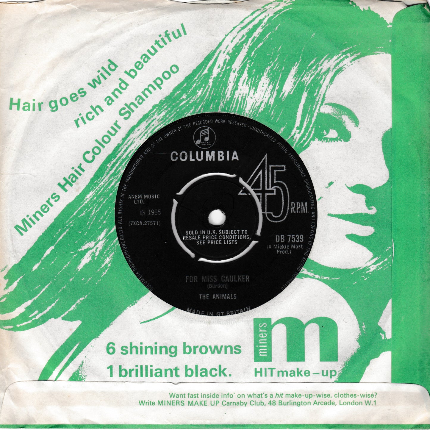 Miners Hair Colour Shampoo record sleeve with green and white design