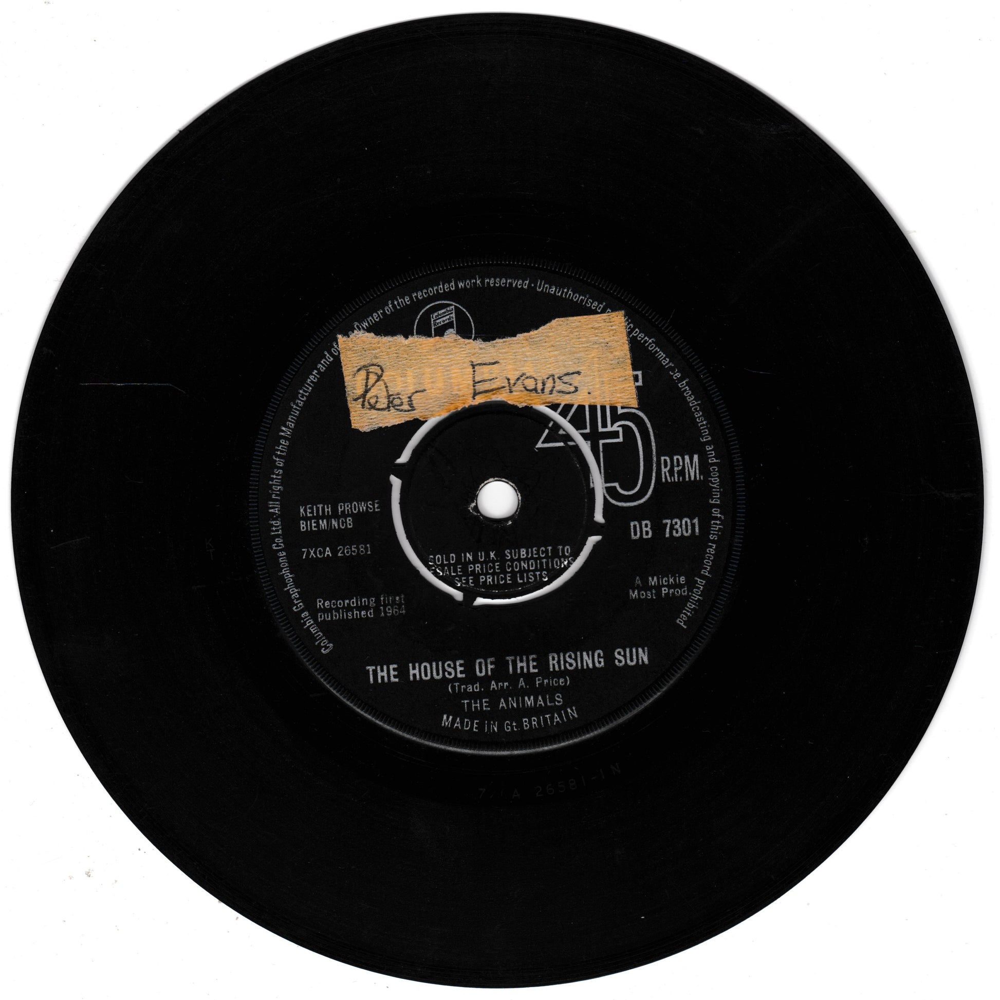 Vinyl record with label showing 'The House of the Rising Sun' by The Animals