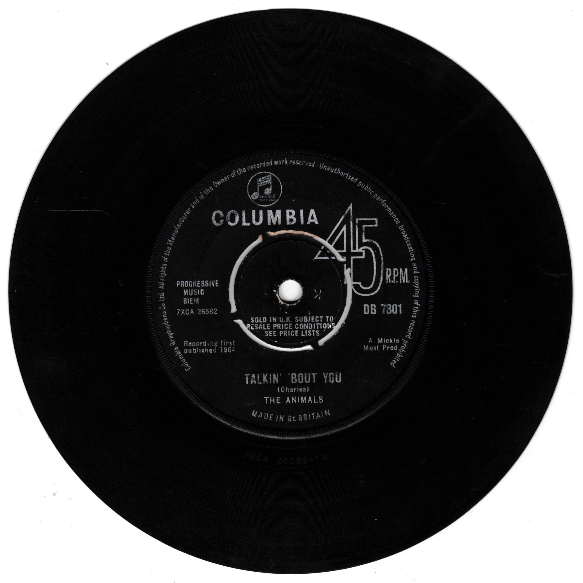 Black and white image of a vinyl record with Columbia label