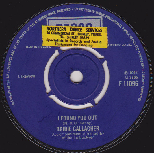 Bridie Gallagher – I Found You Out (Decca 1958) 7" vinyl single VG/-