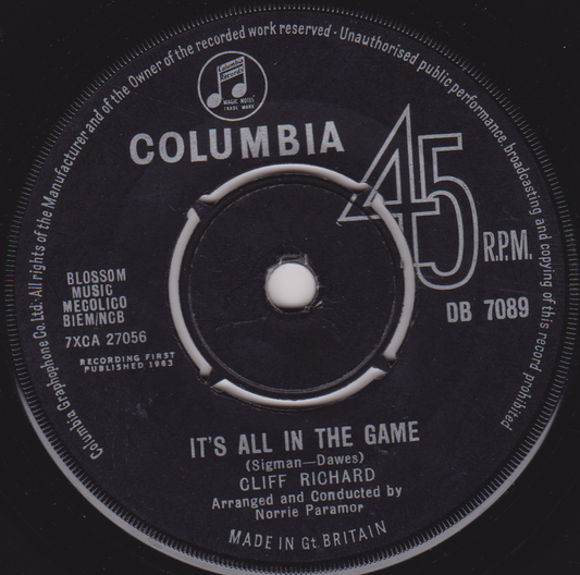 Cliff Richard And The Shadows ‎– It's All In The Game (Columbia 1963) 7" vinyl single VG/-