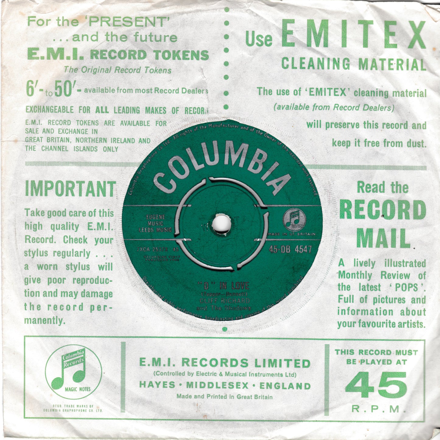 Cliff Richard And The Shadows ‎– I Love You (Columbia 1960) 7" vinyl single VG/VG