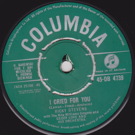Ricky Stevens ‎– I Cried For You (Columbia 1961) 7" vinyl single VG/-
