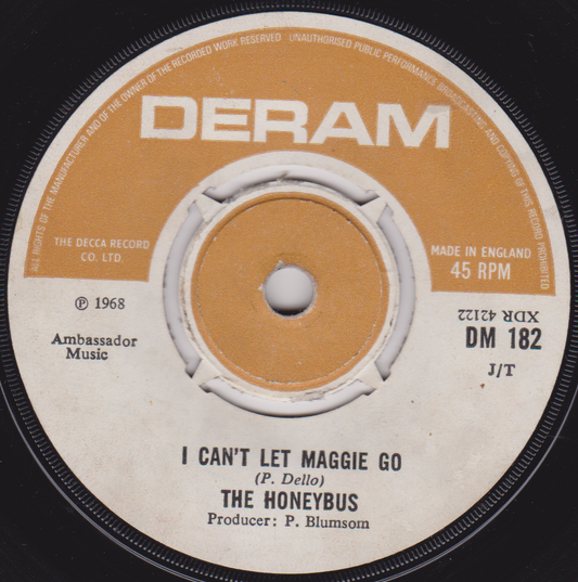 Record label for 'I Can't Let Maggie Go' by The Honeybus on Deram.
