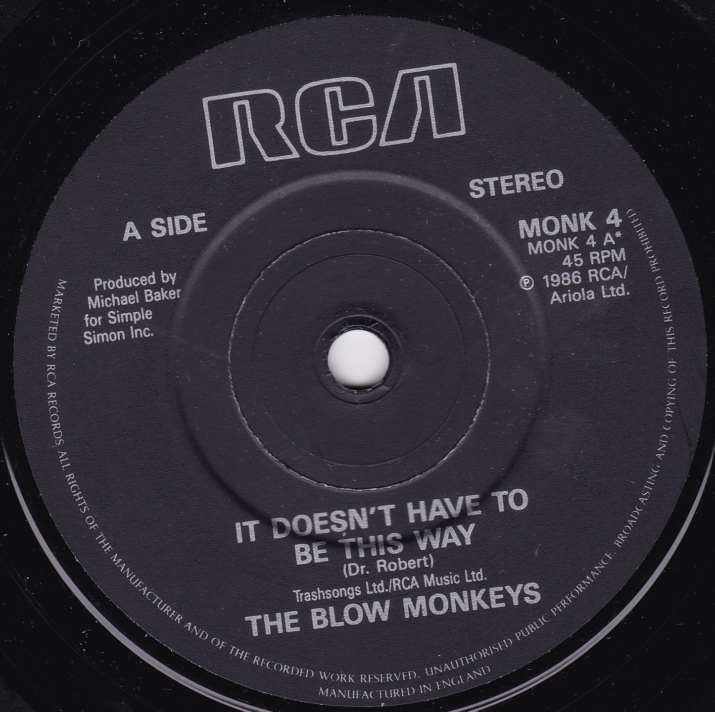 The Blow Monkeys ‎– It Doesn't Have To Be This Way (RCA 1987) 7" vinyl single P/S VG/P