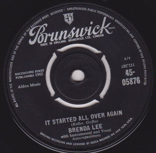 Brenda Lee ‎– It Started All Over Again (Brunswick 1962) 7" vinyl single G+/-