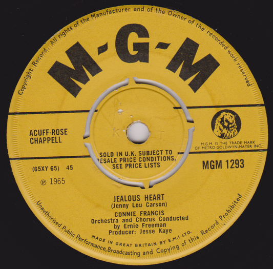 Connie Francis ‎– Jealous Heart (MGM 1965) 7" vinyl single VG/-