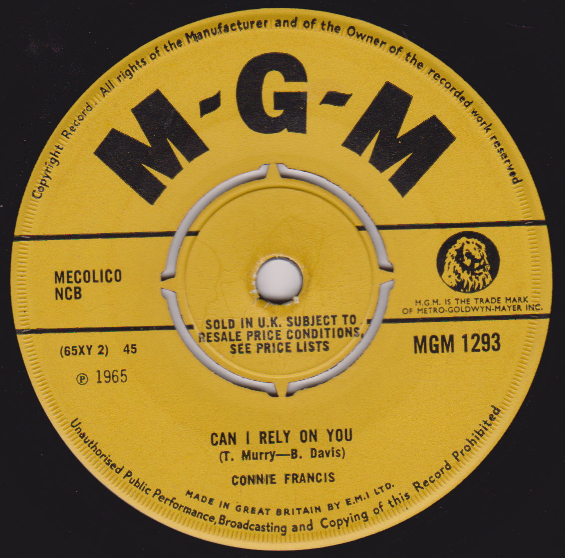 Connie Francis ‎– Jealous Heart (MGM 1965) 7" vinyl single VG/-