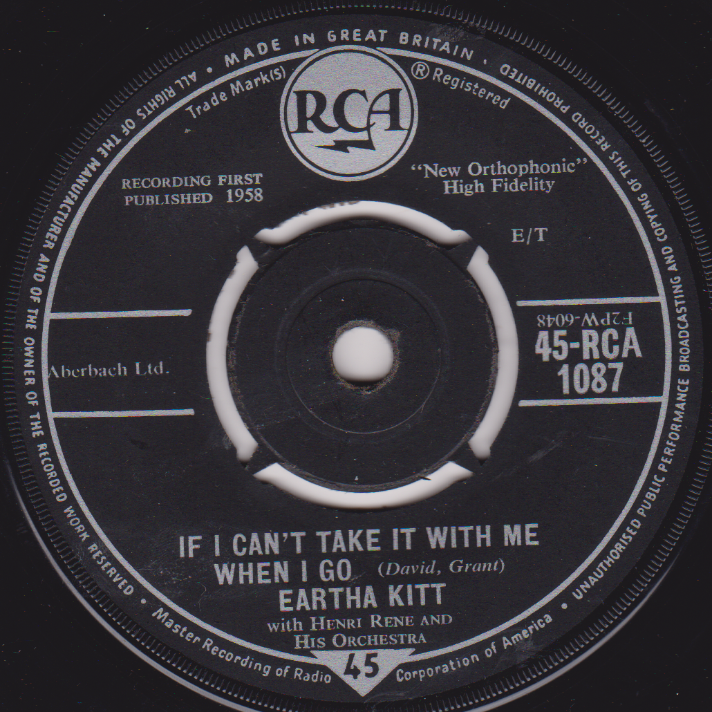Record label for a 45 RPM record by Eartha Kitt with text and RCA logo.