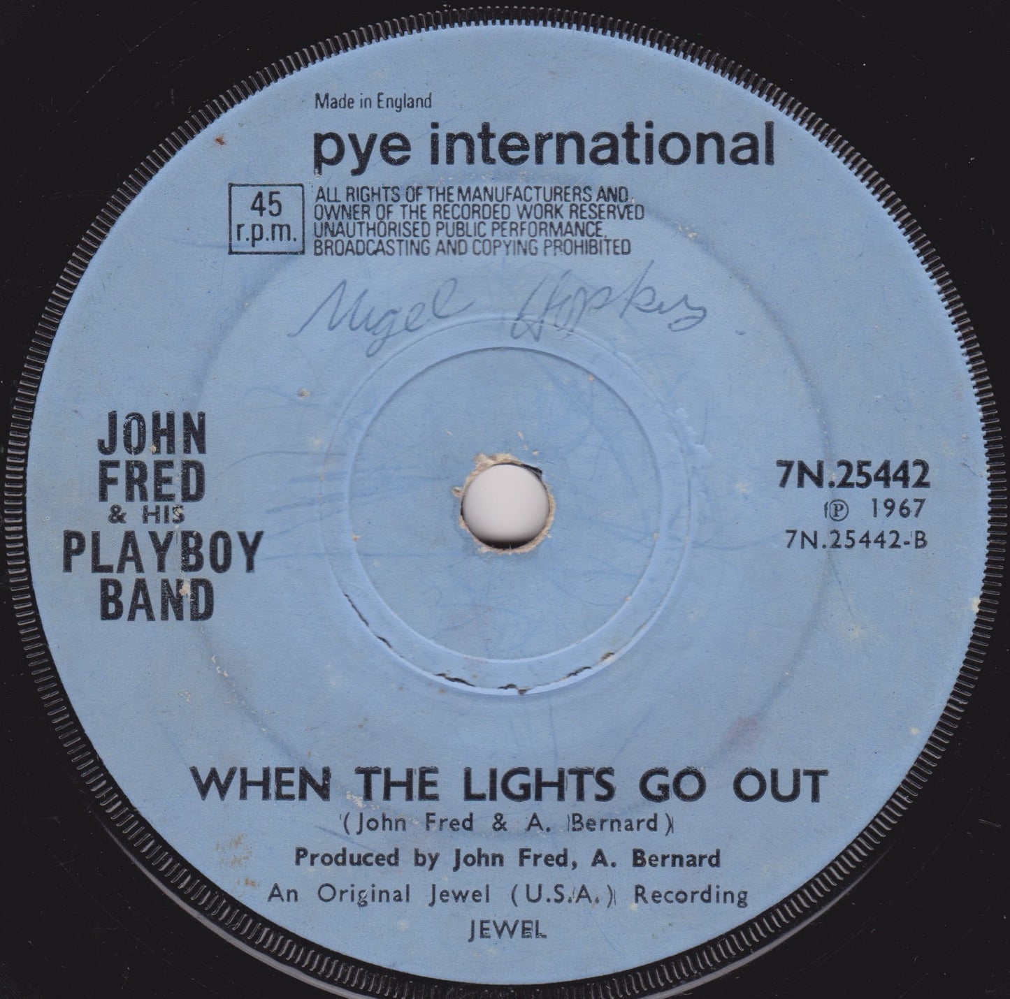 Record label for 'When the Lights Go Out' by John Fred & His Playboy Band with 'pye international' branding.