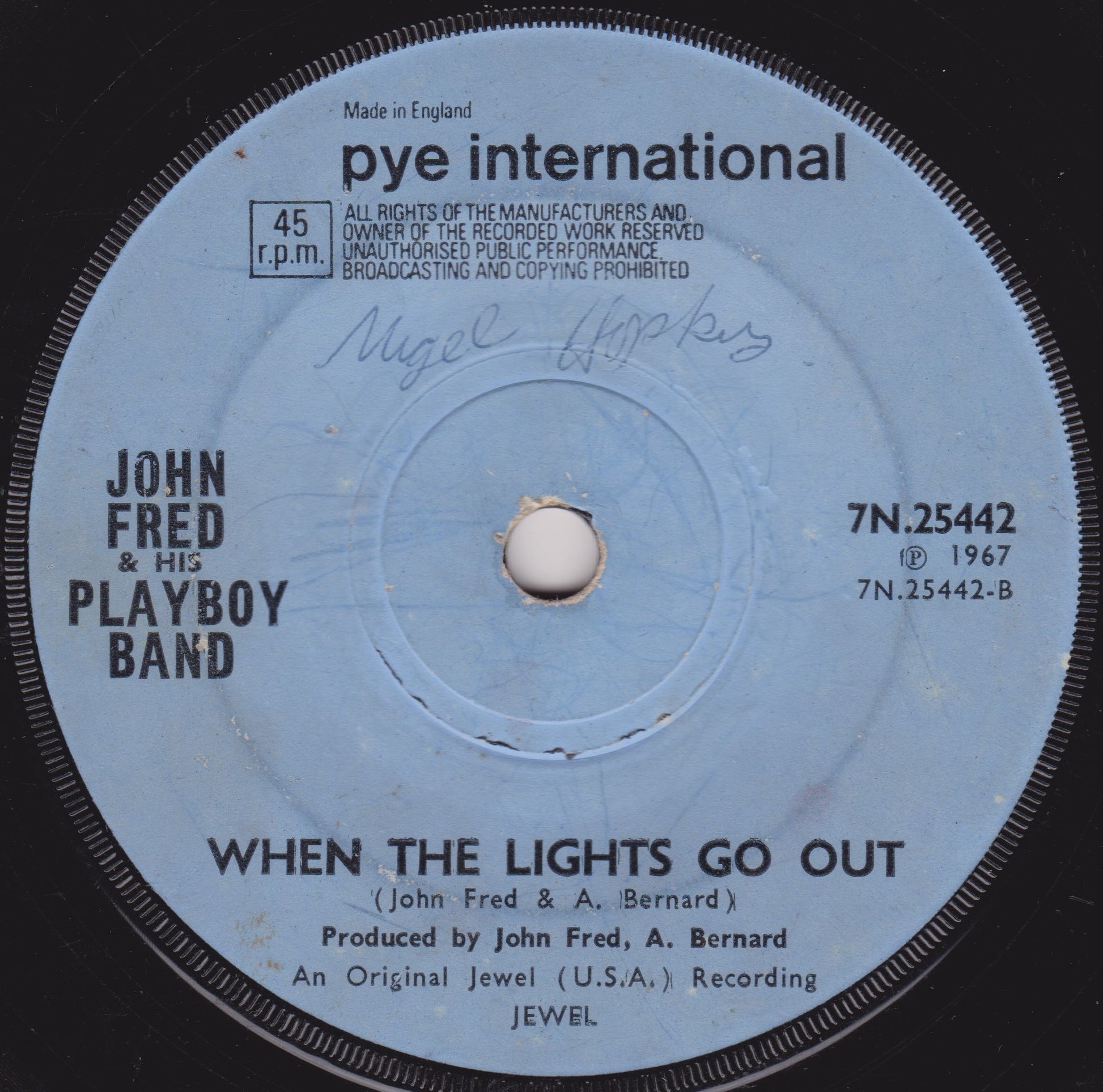 Record label for 'When the Lights Go Out' by John Fred & His Playboy Band with 'pye international' branding.