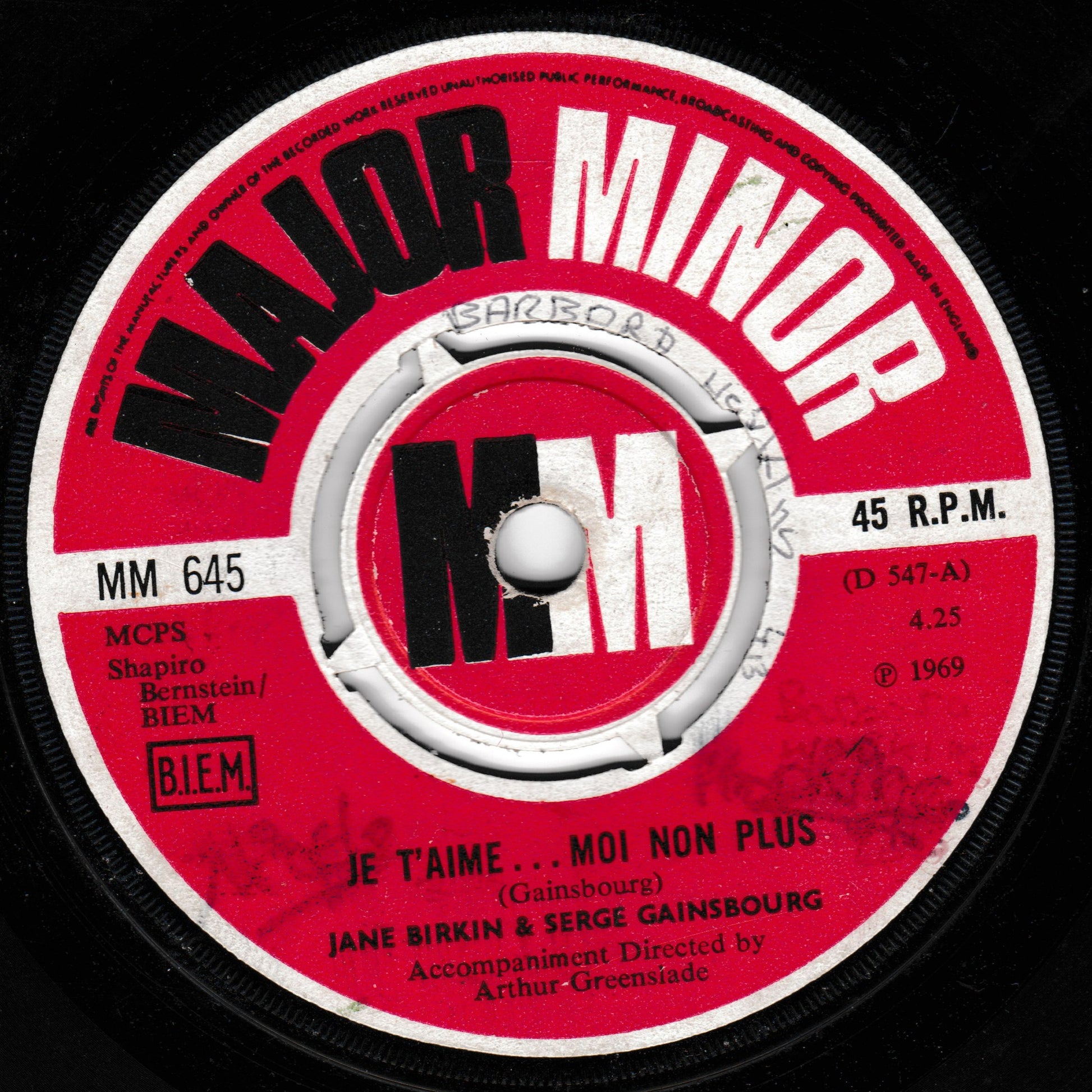 Record label for a 45 R.P.M. record by Major Minor with text and branding.