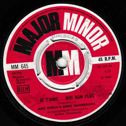 Record label for a 45 R.P.M. record by Major Minor with text and branding.