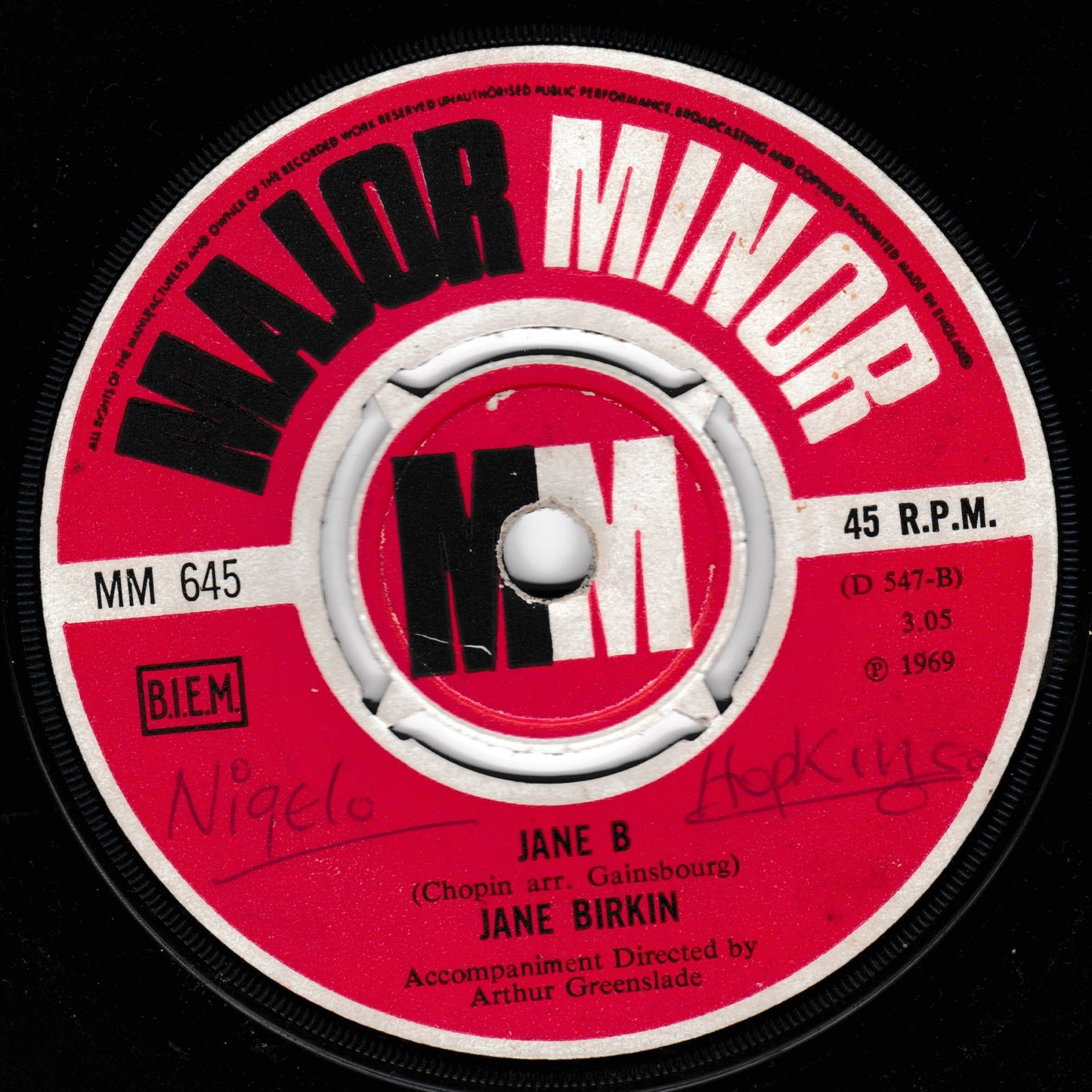 Record label for 'Jane B' by Jane Birkin on Major Minor record with red and white design.