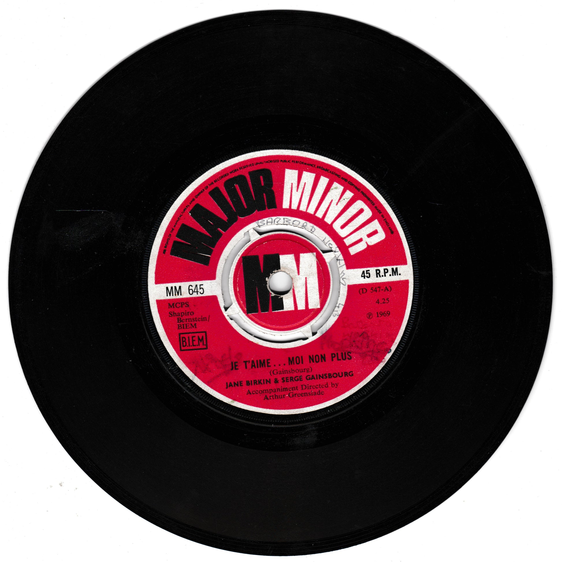 Black vinyl record with a red and white label featuring 'Major Minor' on a white background