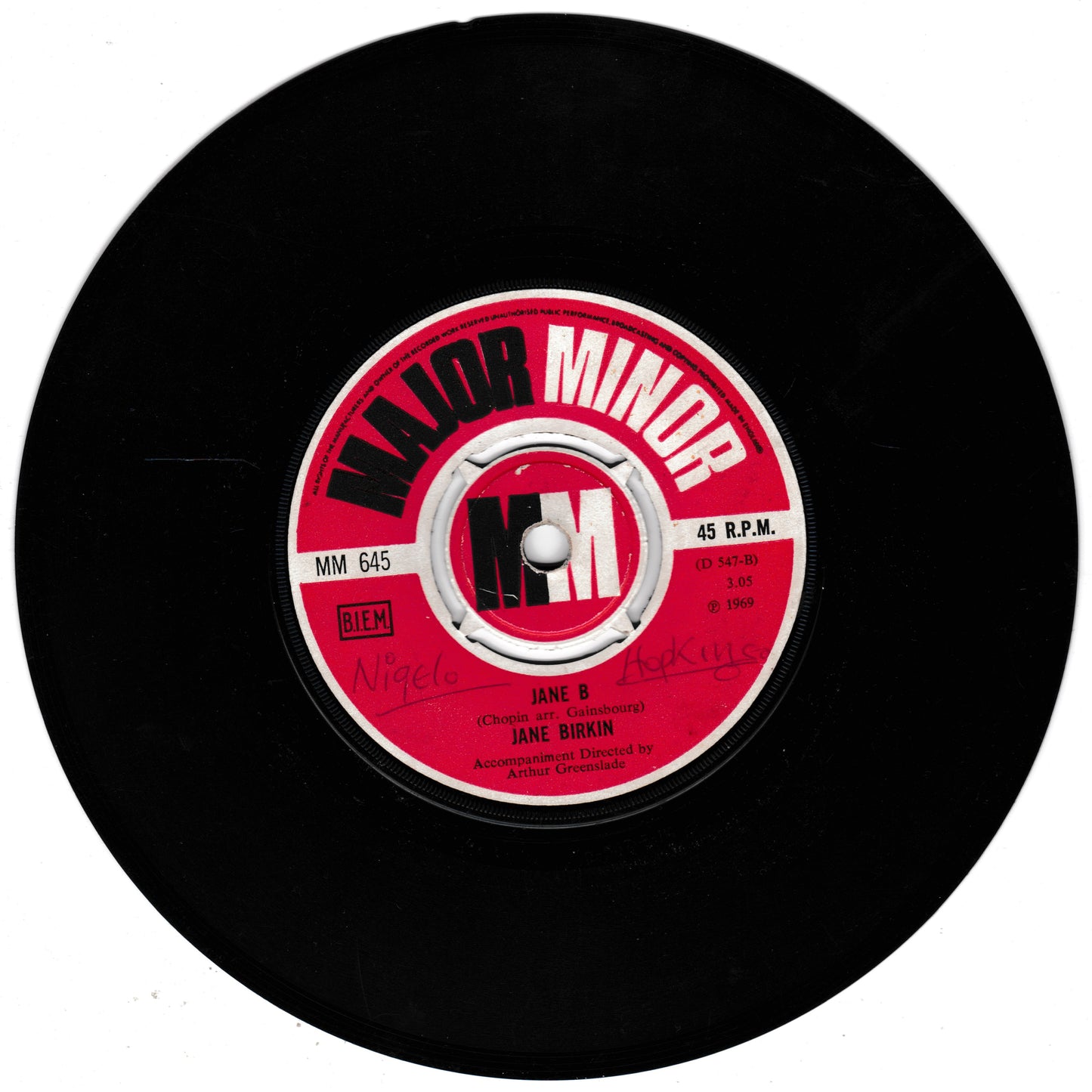 Black vinyl record with a red label featuring 'Major Minor' branding