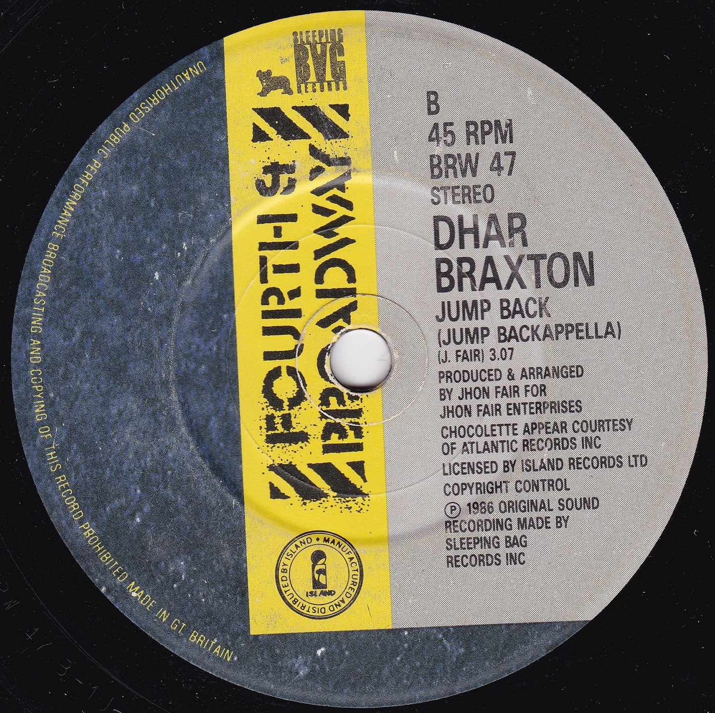 Dhar Braxton – Jump Back (Set Me Free) (1986) 7" vinyl single G+/-