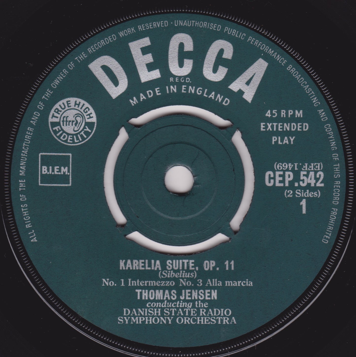 Decca record label with text and branding on a dark background