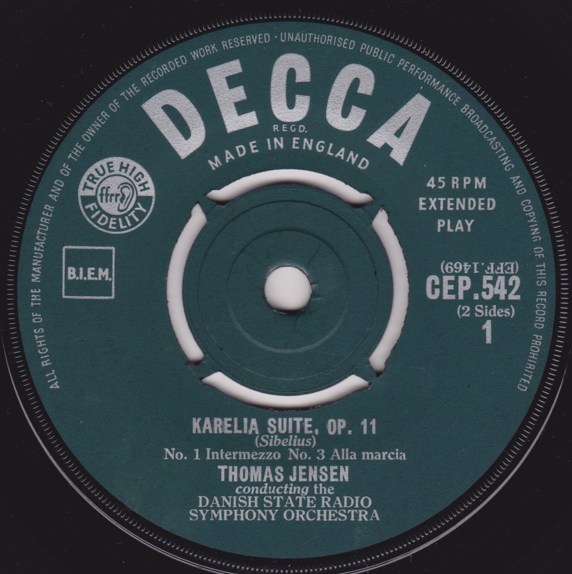 Decca record label with text and branding on a dark background