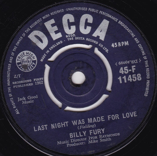 Billy Fury ‎– Last Night Was Made For Love (Decca 1962) 7" vinyl single G+/-