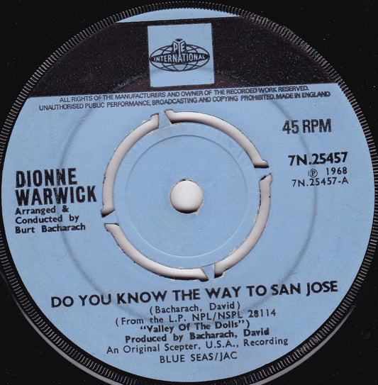 Dionne Warwick ‎– Do You Know The Way To San Jose (Pye 1968) 7" vinyl single VG/-