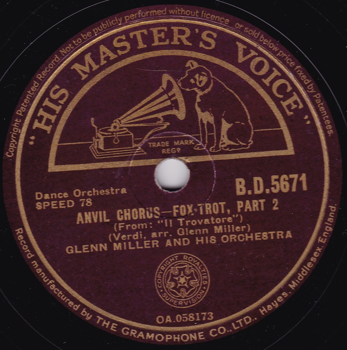 Glenn Miller And His Orchestra ‎– Anvil Chorus (HMV 1946) 10" shellac VG/VG