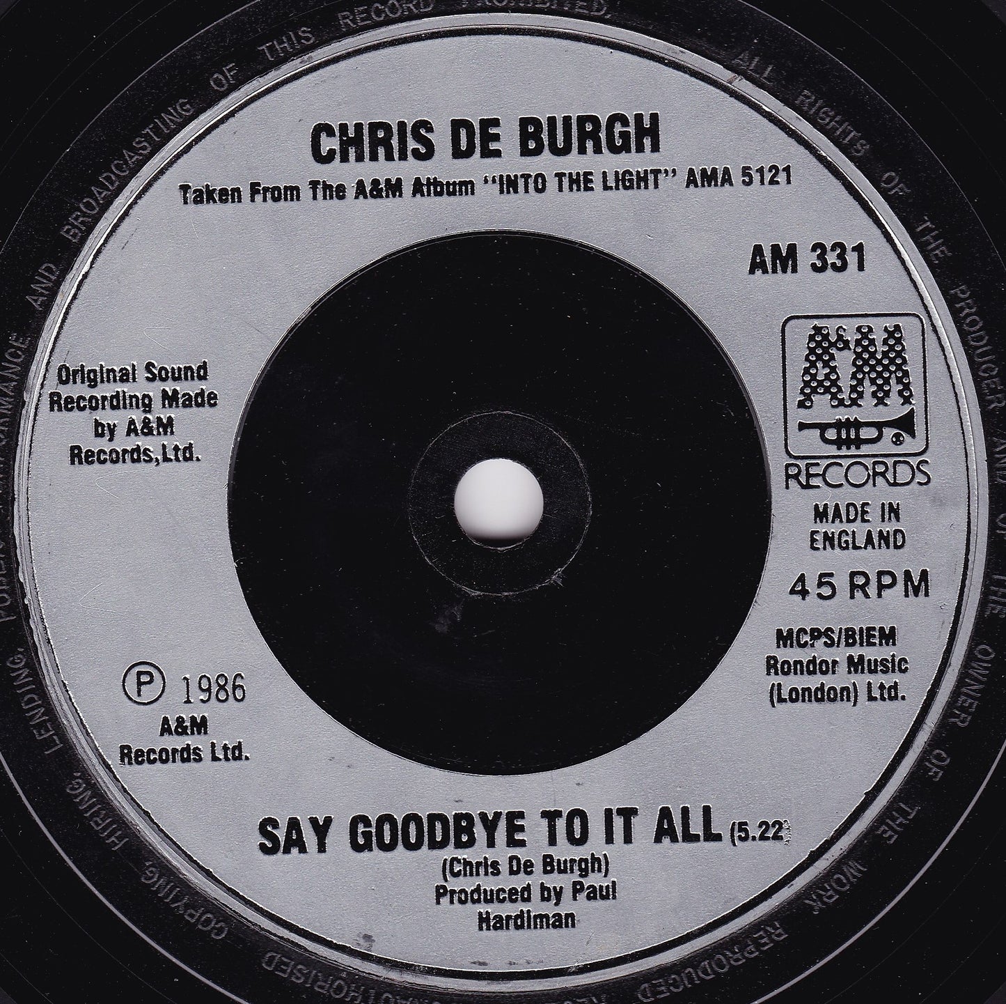 Chris de Burgh - The Lady In Red (A&M, 1986) 7" vinyl single VG/-