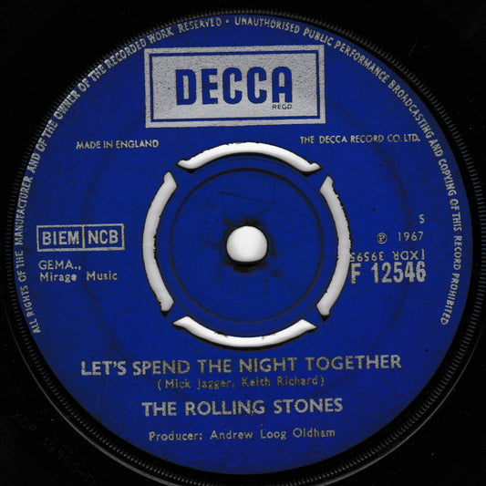 Decca label of a Rolling Stones record with 'Let's Spend the Night Together' on a black background