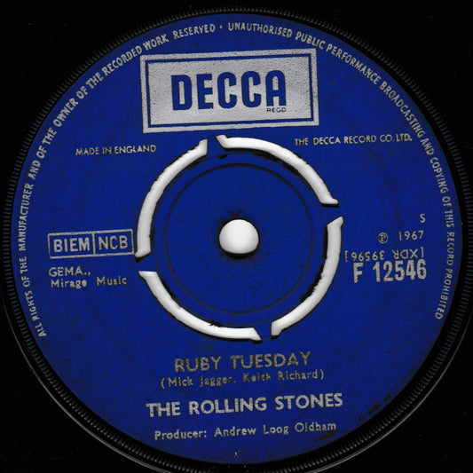 Decca record label for 'Ruby Tuesday' by The Rolling Stones with blue and white design.